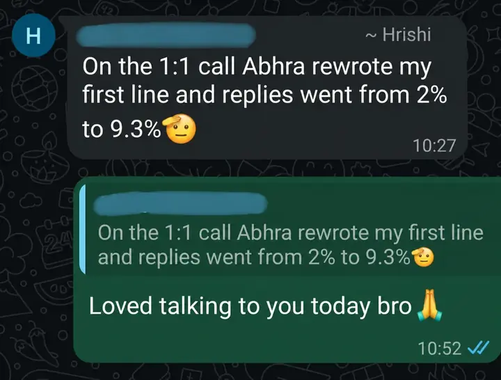 WhatsApp message from Hrishi about reply rate going from 2% to 9.3% after the 1:1 call