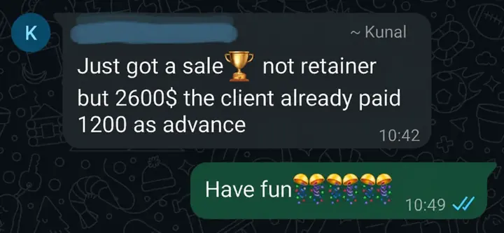WhatsApp message from Kunal about a $2,600 project with $1,200 paid upfront