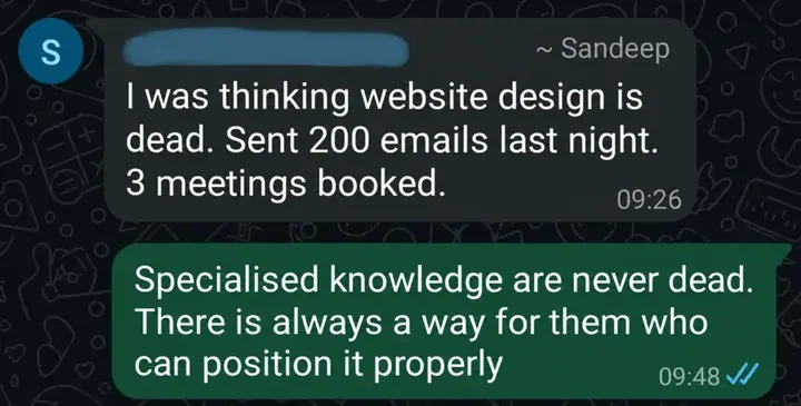 WhatsApp message from Sandeep about 200 emails sent and 3 meetings booked
