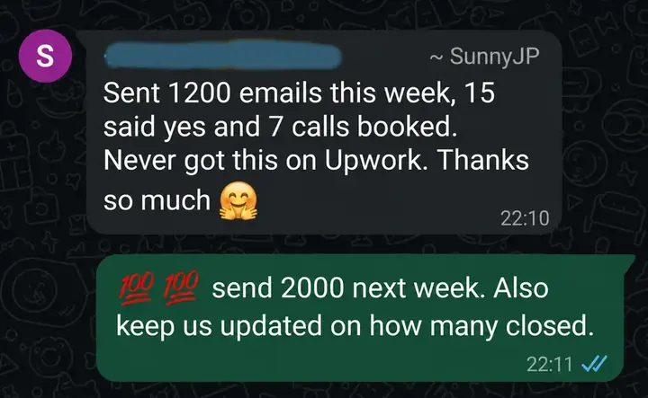 WhatsApp message from SunnyJP about 1,200 emails sent, 15 said yes and 7 calls booked