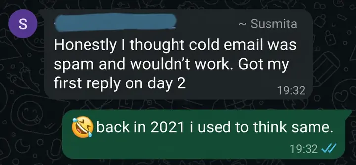 WhatsApp message from Susmita about her first reply on day 2